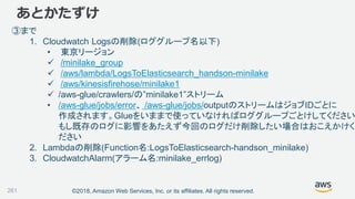 ©2018, Amazon Web Services, Inc. or its affiliates. All rights reserved.
あとかたずけ
③まで
1. Cloudwatch Logsの削除(ロググループ名以下)
• 東京リージョン
 /minilake_group
 /aws/lambda/LogsToElasticsearch_handson-minilake
 /aws/kinesisfirehose/minilake1
 /aws-glue/crawlers/の”minilake1”ストリーム
• /aws-glue/jobs/error、 /aws-glue/jobs/outputのストリームはジョブIDごとに
作成されます。Glueをいままで使っていなければロググループごとけしてください
もし既存のログに影響をあたえず今回のログだけ削除したい場合はおこえかけく
ださい
2. Lambdaの削除(Function名:LogsToElasticsearch-handson_minilake)
3. CloudwatchAlarm(アラーム名:minilake_errlog)
261
 