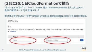 ©2018, Amazon Web Services, Inc. or its affiliates. All rights reserved.
“オプション”の”タグ”で、”キー”に Name “値”に handson-minilake と入力し、[次へ]。
最後の確認ページで[作成]をクリック。
数分ほど待つとEC2一台ができあがり/root/es-demo/testapp.logにログ出力が始まる
(2)EC2を１台CloudFormationで構築
31
 