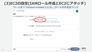 ©2018, Amazon Web Services, Inc. or its affiliates. All rights reserved.
“ロール名”に”handson-minilake”と入力し、[ロールの作成]をクリック
(3)EC2の設定(IAMロール作成とEC2にアタッチ)
37
 