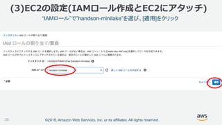 ©2018, Amazon Web Services, Inc. or its affiliates. All rights reserved.
“IAMロール”で”handson-minilake”を選び、[適用]をクリック
(3)EC2の設定(IAMロール作成とEC2にアタッチ)
39
 