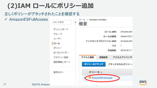 ©2018, Amazon Web Services, Inc. or its affiliates. All rights reserved.
(2)IAM ロールにポリシー追加
正しくポリシーがアタッチされたことを確認する
 AmazonESFullAccess
58
 