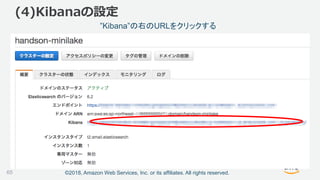 ©2018, Amazon Web Services, Inc. or its affiliates. All rights reserved.
(4)Kibanaの設定
”Kibana”の右のURLをクリックする
65
 