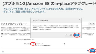 ©2018, Amazon Web Services, Inc. or its affiliates. All rights reserved.
アップグレードを行います。”アップグレード“にチェックを入れ、[送信]をクリックし、
ポップアップ画面で[続行]をクリックします。
(オプション2)Amazon ES のin-placeアップグレード
86
 