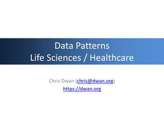 Data Patterns
Life Sciences / Healthcare
Chris Dwan (chris@dwan.org)
https://dwan.org
 