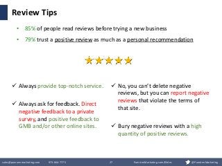 sales@pamannmarketing.com 973-664-7775 27 PamAnnMarketing.com/Slides @PamAnnMarketing
Review Tips
 Always provide top-not...