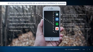 OMD – 10ème Edition BAROMOBILE 2018
Une Expérience pour aller d’un
point A à un point B
Une Expérience pour payer
ses factures
Une Expérience pour écouter
de la musique
Une Expérience pour trouver l’Amour
Que ce soit pourvoyager,se
déplacer,payer,écouter,
rencontrer... Toutesces
expériencesont maintenant le
mêmepoint de départ,surle
mêmeécran.
ET VOICI LES PROTAGONISTES DE LA NOUVELLE EXPÉRIENCE HUMAINE
32
 