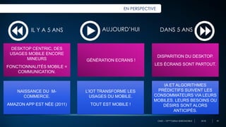 OMD – 10ème Edition BAROMOBILE 2018
EN PERSPECTIVE
IL Y A 5 ANS AUJOURD’HUI DANS 5 ANS
DESKTOP CENTRIC, DES
USAGES MOBILE ENCORE
MINEURS
FONCTIONNALITÉS MOBILE =
COMMUNICATION.
NAISSANCE DU M-
COMMERCE.
AMAZON APP EST NÉE (2011)
GÉNÉRATION ECRANS !
L’IOT TRANSFORME LES
USAGES DU MOBILE.
TOUT EST MOBILE !
DISPARITION DU DESKTOP.
LES ÉCRANS SONT PARTOUT.
IA ET ALGORITHMES
PRÉDICTIFS SUIVENT LES
CONSOMMATEURS VIA LEURS
MOBILES. LEURS BESOINS OU
DÉSIRS SONT ALORS
ANTICIPÉS.
44
 