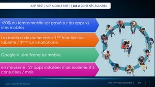 OMD – 10ème Edition BAROMOBILE 2018
APP FIRST / SITE MOBILE FIRST ? LES 2 SONT NÉCESSAIRES
Sources : Médiamétrie TSM, Webo MCI
+80% du temps mobile est passé sur les apps vs
sites mobiles
Les moteurs de recherche = 1ère fonction sur
tablette / 2ème sur smartphone
en moyenne : 27 apps installées mais seulement 5
consultées / mois
Google = 1ère Brand sur mobile
7
 