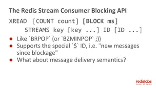 XREAD [COUNT count] [BLOCK ms]
STREAMS key [key ...] ID [ID ...]
● Like `BRPOP` (or `BZMINPOP` ;))
● Supports the special `$` ID, i.e. "new messages
since blockage"
● What about message delivery semantics?
The Redis Stream Consumer Blocking API
 