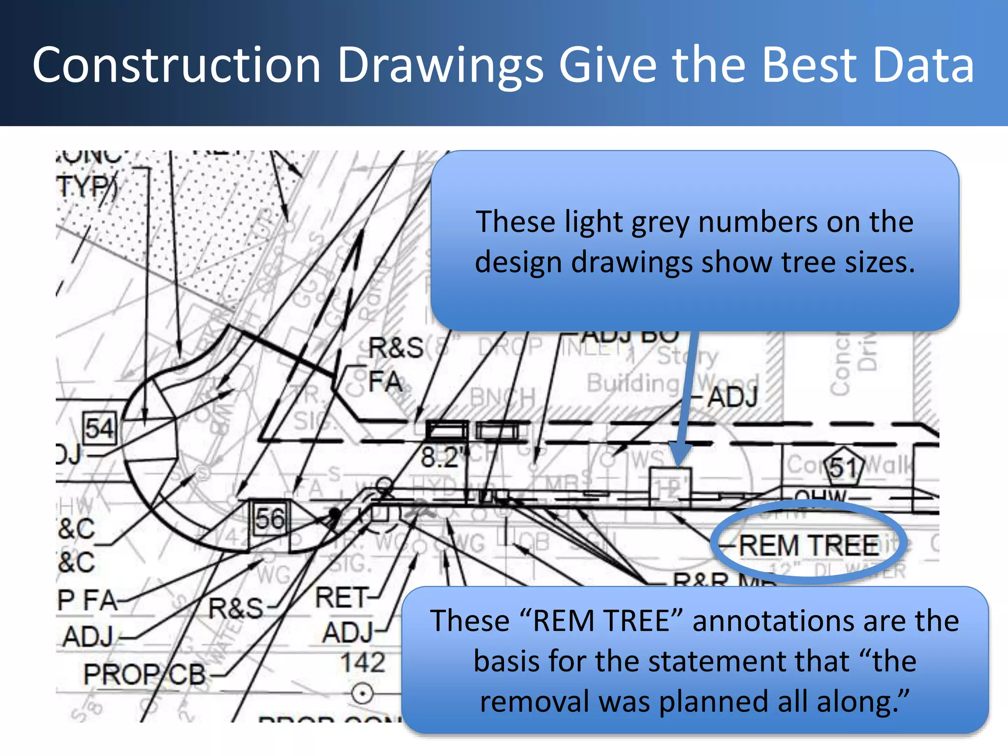 These light grey numbers on the
design drawings show tree sizes.
These “REM TREE” annotations are the
basis for the statement that “the
removal was planned all along.”
Construction Drawings Give the Best Data
 