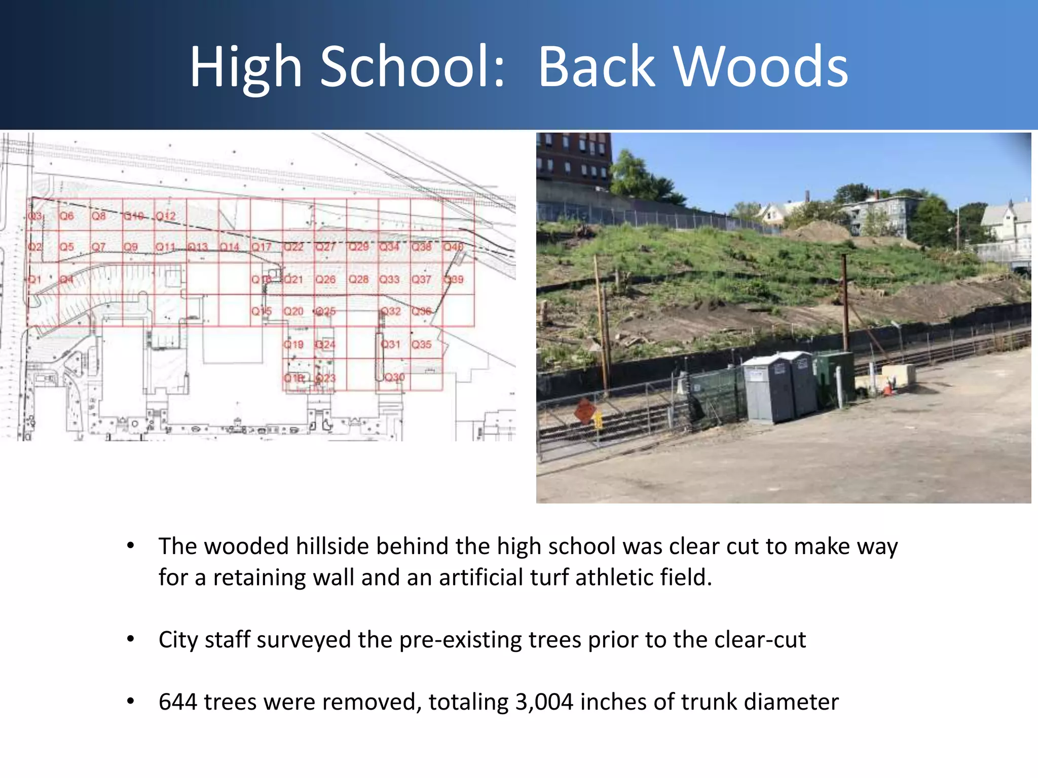 High School: Back Woods
• The wooded hillside behind the high school was clear cut to make way
for a retaining wall and an artificial turf athletic field.
• City staff surveyed the pre-existing trees prior to the clear-cut
• 644 trees were removed, totaling 3,004 inches of trunk diameter
 