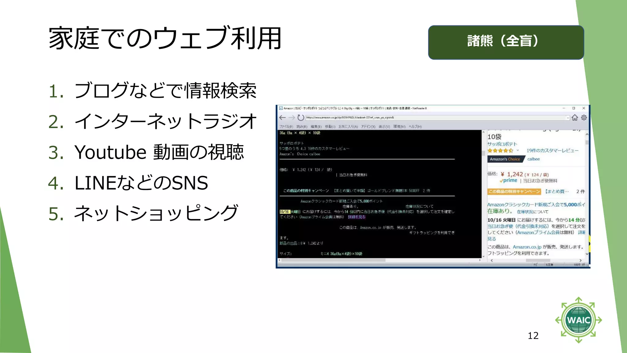 家庭でのウェブ利用
1. ブログなどで情報検索
2. インターネットラジオ
3. Youtube 動画の視聴
4. LINEなどのSNS
5. ネットショッピング
12
諸熊（全盲）
 