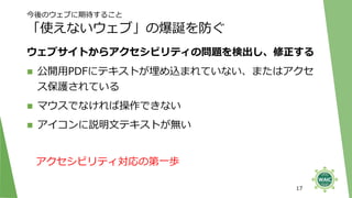 今後のウェブに期待すること
「使えないウェブ」の爆誕を防ぐ
ウェブサイトからアクセシビリティの問題を検出し、修正する
◼ 公開用PDFにテキストが埋め込まれていない、またはアクセ
ス保護されている
◼ マウスでなければ操作できない
◼ アイコンに説明文テキストが無い
17
アクセシビリティ対応の第一歩
 