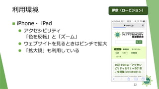 利用環境
◼ iPhone・ iPad
⚫ アクセシビリティ
「色を反転」と「ズーム」
⚫ ウェブサイトを見るときはピンチで拡大
⚫ 「拡大鏡」も利用している
22
伊敷（ロービジョン）
 