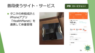 普段使うサイト・サービス
◼ タニタの体組成計と
iPhoneアプリ
「HealthPlanet」を
連携して体重管理
26
伊敷（ロービジョン）
 
