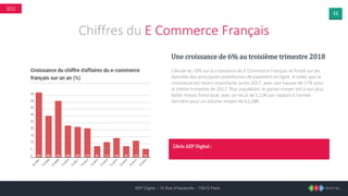 11
AEP Digital – 15 Rue d’Hauteville – 75010 Paris
SEO
Chiffres du E Commerce Français
Une croissance de 6% au troisième trimestre 2018
L’étude du JDN sur la croissance du E Commerce Français se fonde sur les
données des principales plateformes de paiement en ligne. A noter que la
croissance est moins importante qu’en 2017, avec une hausse de 17% pour
le même trimestre de 2017. Plus inquiétant, le panier moyen est à son plus
faible niveau historique, avec un recul de 5,12€ par rapport à l’année
dernière pour un volume moyen de 62,28€.
L’Avis AEP Digital :
 