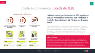 12
AEP Digital – 15 Rue d’Hauteville – 75010 Paris
SEO
Etude e-commerce : poids du B2B
La Fevad estime que l’e-commerce B2B représente
18% du volume total du marché B2B en France, et
ce chiffre devrait monter à 24% dans les deux ans
à venir.
D’après les résultats de l’étude, il est important de relever qu’il existe une
variation assez importante entre les montants investis pour la digitalisation
et la mise en œuvre réelle. En effet les acteurs du B2B sont considérés
comme ayant investi dans la digitalisation pour 80% d’entre eux, mais
seulement 44% des acteurs ont investi et mis en œuvre les projets de
digitalisation.
L’Avis AEP Digital :
L’autre point très important qui ressort de l’étude : il existe une crainte
prononcée chez les annonceurs B2B concernant le digital. En effet, 41%
doutent de pouvoir orienter les clients vers les produits dont ils ont besoin
via un processus entièrement digital. C’est donc la difficulté de la
réalisation opérationnelle qui pose problème dans de nombreux cas.
 