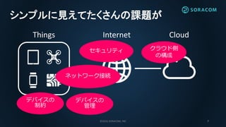 ©2016 SORACOM, INC 7
シンプルに見えてたくさんの課題が
Internet CloudThings
セキュリティ
デバイスの
制約
ネットワーク接続
デバイスの
管理
クラウド側
の構成
 