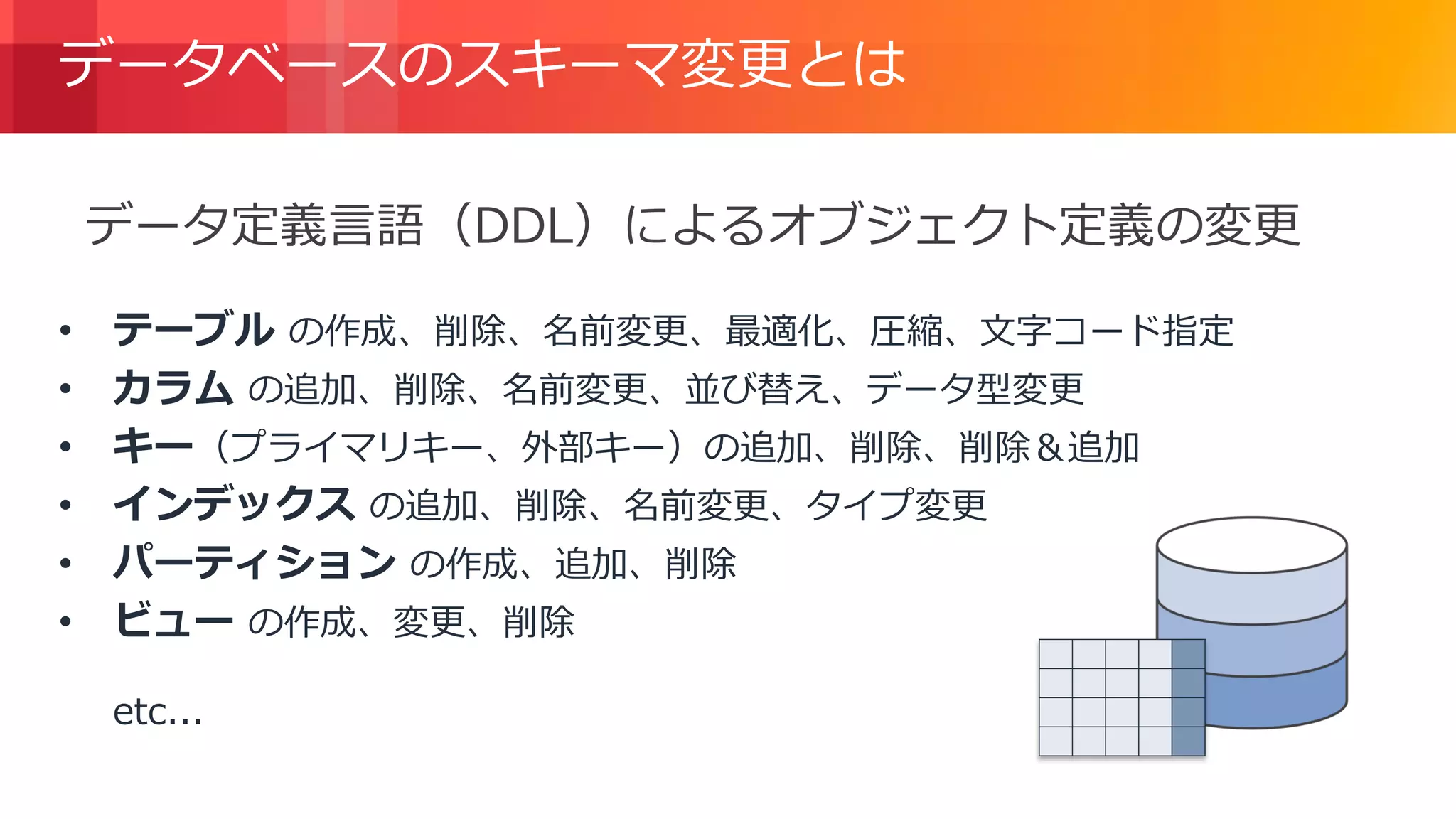 © 2018, Amazon Web Services, Inc. or its Affiliates. All rights reserved.
データベースのスキーマ変更とは
• テーブル の作成、削除、名前変更、最適化、圧縮、文字コード指定
• カラム の追加、削除、名前変更、並び替え、データ型変更
• キー（プライマリキー、外部キー）の追加、削除、削除＆追加
• インデックス の追加、削除、名前変更、タイプ変更
• パーティション の作成、追加、削除
• ビュー の作成、変更、削除
etc...
データ定義言語（DDL）によるオブジェクト定義の変更
 