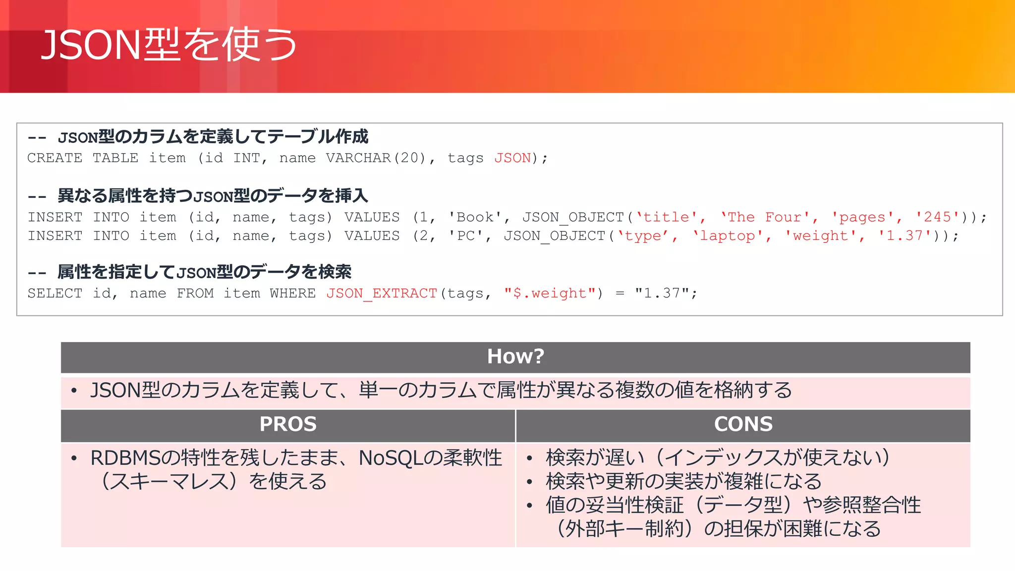 © 2018, Amazon Web Services, Inc. or its Affiliates. All rights reserved.
JSON型を使う
-- JSON型のカラムを定義してテーブル作成
CREATE TABLE item (id INT, name VARCHAR(20), tags JSON);
-- 異なる属性を持つJSON型のデータを挿入
INSERT INTO item (id, name, tags) VALUES (1, 'Book', JSON_OBJECT(‘title', ‘The Four', 'pages', '245'));
INSERT INTO item (id, name, tags) VALUES (2, 'PC', JSON_OBJECT(‘type’, ‘laptop', 'weight', '1.37'));
-- 属性を指定してJSON型のデータを検索
SELECT id, name FROM item WHERE JSON_EXTRACT(tags, "$.weight") = "1.37";
How?
• JSON型のカラムを定義して、単一のカラムで属性が異なる複数の値を格納する
PROS CONS
• RDBMSの特性を残したまま、NoSQLの柔軟性
（スキーマレス）を使える
• 検索が遅い（インデックスが使えない）
• 検索や更新の実装が複雑になる
• 値の妥当性検証（データ型）や参照整合性
（外部キー制約）の担保が困難になる
 