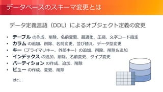 © 2018, Amazon Web Services, Inc. or its Affiliates. All rights reserved.
データベースのスキーマ変更とは
• テーブル の作成、削除、名前変更、最適化、圧縮、文字コード指定
• カラム の追加、削除、名前変更、並び替え、データ型変更
• キー（プライマリキー、外部キー）の追加、削除、削除＆追加
• インデックス の追加、削除、名前変更、タイプ変更
• パーティション の作成、追加、削除
• ビュー の作成、変更、削除
etc...
データ定義言語（DDL）によるオブジェクト定義の変更
 