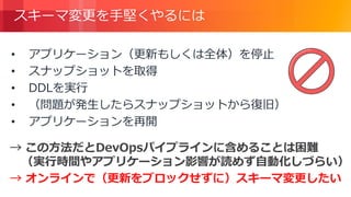 © 2018, Amazon Web Services, Inc. or its Affiliates. All rights reserved.
スキーマ変更を手堅くやるには
• アプリケーション（更新もしくは全体）を停止
• スナップショットを取得
• DDLを実行
• （問題が発生したらスナップショットから復旧）
• アプリケーションを再開
→ この方法だとDevOpsパイプラインに含めることは困難
（実行時間やアプリケーション影響が読めず自動化しづらい）
→ オンラインで（更新をブロックせずに）スキーマ変更したい
 