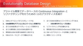 © 2018, Amazon Web Services, Inc. or its Affiliates. All rights reserved.
Evolutionally Database Design
アジャイル開発でデータベースの Continuous Integration と
リファクタリングを行うための 11のプラクティスを紹介
https://www.martinfowler.com/articles/evodb.html
by Martin Fowler & Pramod Sadalage (2016)
1. DBAとデベロッパがコラボレートする
2. DB成果物をアプリとともにバージョン管理する
3. 全てのDB変更はマイグレーションで管理する
4. 全ての開発者に自分のDBを提供する
5. 開発者はDBの変更を継続的に統合する
6. DBはスキーマとデータで構成される
7. 全てのDBの変更はリファクタリングである
• DBの移行中フェーズの扱い
8. リファクタリングを自動化する
9. 開発者が自分のDBをOnDemandで更新できる
10. DBへのアクセスコードを明確に分離する
11. 頻繁にリリースする
 