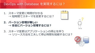 © 2018, Amazon Web Services, Inc. or its Affiliates. All rights reserved.
DevOps with Database を実現するには？
1. スキーマ変更に時間がかかる
→ 短時間でスキーマを変更するには？
2. バージョン管理が難しい
→ 安全にバージョン管理するには？
3. スキーマ変更はアプリケーションの停止を伴う
→ リリース方法を工夫して停止時間を短縮するには？
 