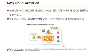 AWS CloudFormation
18
? AWS꥽`EC2ȣOե루ƥץ`ȣԪԄӘB
륵`ӥ
? ƥץ`ȤϡJSONYAMLե`ޥåȤΥƥʽӛ
/AmazonWebServicesJapan/aws-black-belt-online-seminar-2016-
aws-cloudformation/8
 