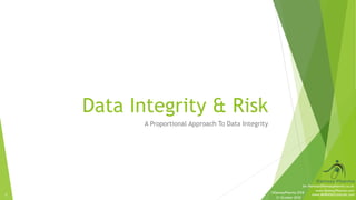 www.RamsayPharma.com
www.MHRADeficiencies.com
Ian.Ramsay@Ramsaypharma.co.uk
1
21 October 2018
1
Data Integrity & Risk
A Proportional Approach To Data Integrity
©RamsayPharma 2018
 