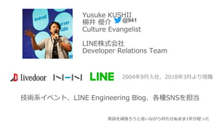@941
Yusuke KUSHII
櫛井 優介
Culture Evangelist
LINE株式会社
Developer Relations Team
2004年9月入社、2018年3月より現職
技術系イベント、LINE Engineering Blog、各種SNSを担当
英語を頑張ろうと言いながら何もせぬまま1年が経った
 