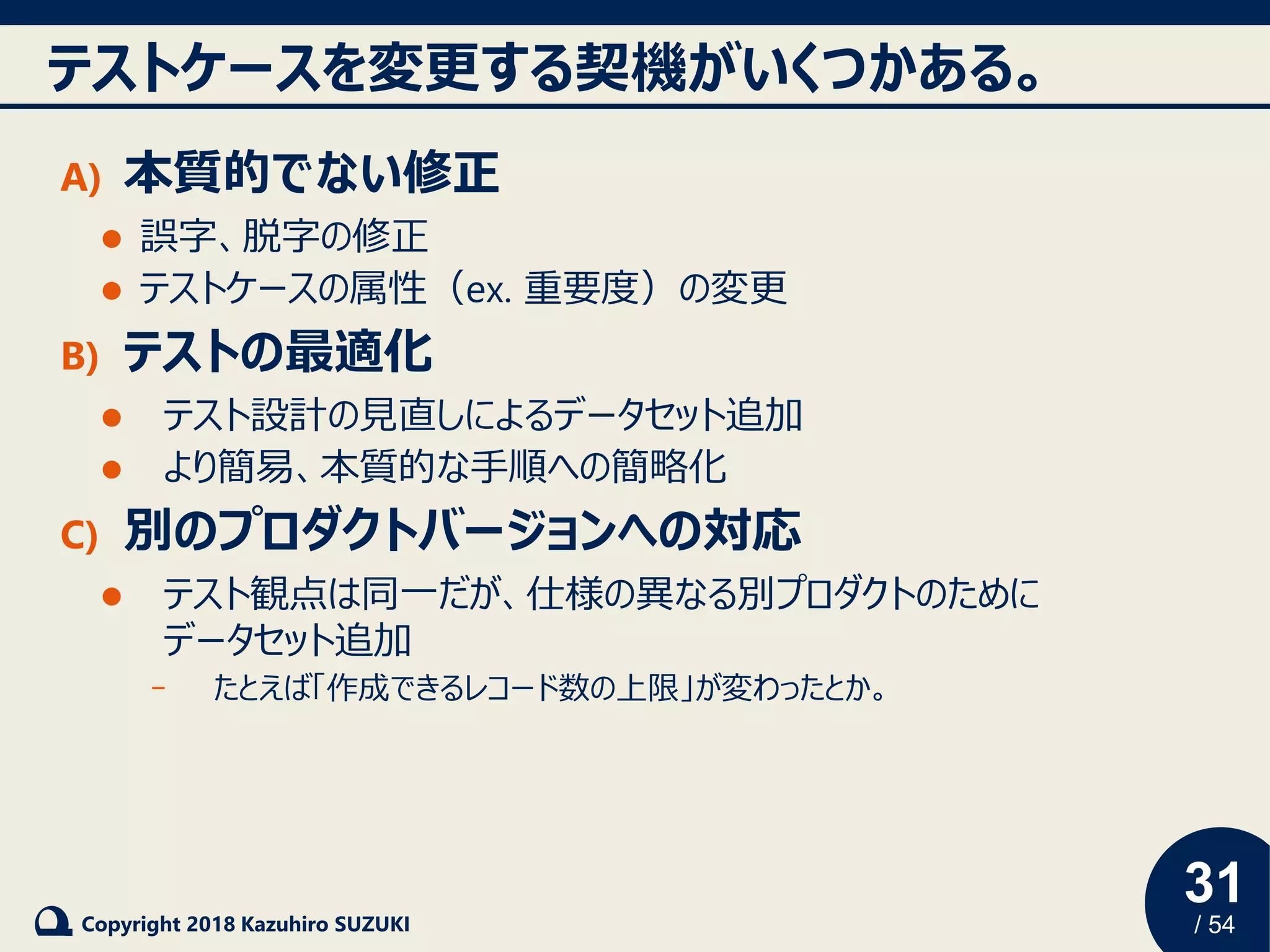 31
/ 54Copyright 2018 Kazuhiro SUZUKI
テストケースを変更する契機がいくつかある。
A) 本質的でない修正
⚫ 誤字、脱字の修正
⚫ テストケースの属性（ex. 重要度）の変更
B) テストの最適化
⚫ テスト設計の見直しによるデータセット追加
⚫ より簡易、本質的な手順への簡略化
C) 別のプロダクトバージョンへの対応
⚫ テスト観点は同一だが、仕様の異なる別プロダクトのために
データセット追加
- たとえば「作成できるレコード数の上限」が変わったとか。
 