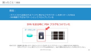 JAWS-FESTA 2018 Osaka
困ったこと｜原因
15
・デバイスから送信されるＴＣＰに希少なフラグパターンを持つケースがある
・NW機器で不正なパターンとしてドロップしている
原因：
データセンター
SYN を送る時に PSH フ...