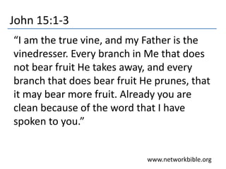 John 15:1-3
“I am the true vine, and my Father is the
vinedresser. Every branch in Me that does
not bear fruit He takes away, and every
branch that does bear fruit He prunes, that
it may bear more fruit. Already you are
clean because of the word that I have
spoken to you.”
www.networkbible.org
 