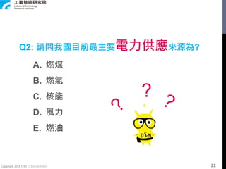 Copyright 2018 ITRI 工業技術研究院
Q2: 請問我國目前最主要電力供應來源為?
A. 燃煤
B. 燃氣
C. 核能
D. 風力
E. 燃油
?
22
 