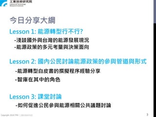 Copyright 2018 ITRI 工業技術研究院
今日分享大綱
Lesson 1: 能源轉型行不行?
-淺談國外與台灣的能源發展現況
-能源政策的多元考量與決策面向
Lesson 2: 國內公民討論能源政策的參與管道與形式
-能源轉型白皮書的撰擬程序經驗分享
-智庫在其中的角色
Lesson 3: 課堂討論
-如何促進公民參與能源相關公共議題討論
3
 