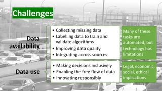 Challenges
Data
availability
• Collecting missing data
• Labelling data to train and
validate algorithms
• Improving data ...