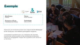 17
Exemple
Bénéficiaire
Kawaa
Étudiants et École
5 étudiants de l’ESIEA
Thème
Vie en société
Technologie
Data science
Kawaa est une entreprise sociale dont l’objectif est de développer
le lien social pour une meilleure participation citoyenne.
Les étudiants travaillent donc sur l’utilisation des données
ouvertes des acteurs publics et des entreprises privées pour
mesurer et cartographier l’impact de la qualité du lien social sur
un territoire.
 
