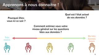 Apprenons à nous connaitre !
4
Pourquoi êtes-
vous ici ce soir ?
Quel est l’état actuel
de vos données ?
Comment estimez vous votre
niveau général sur les questions
liées aux données ?
Très
novice
De très
bonnes
bases
 