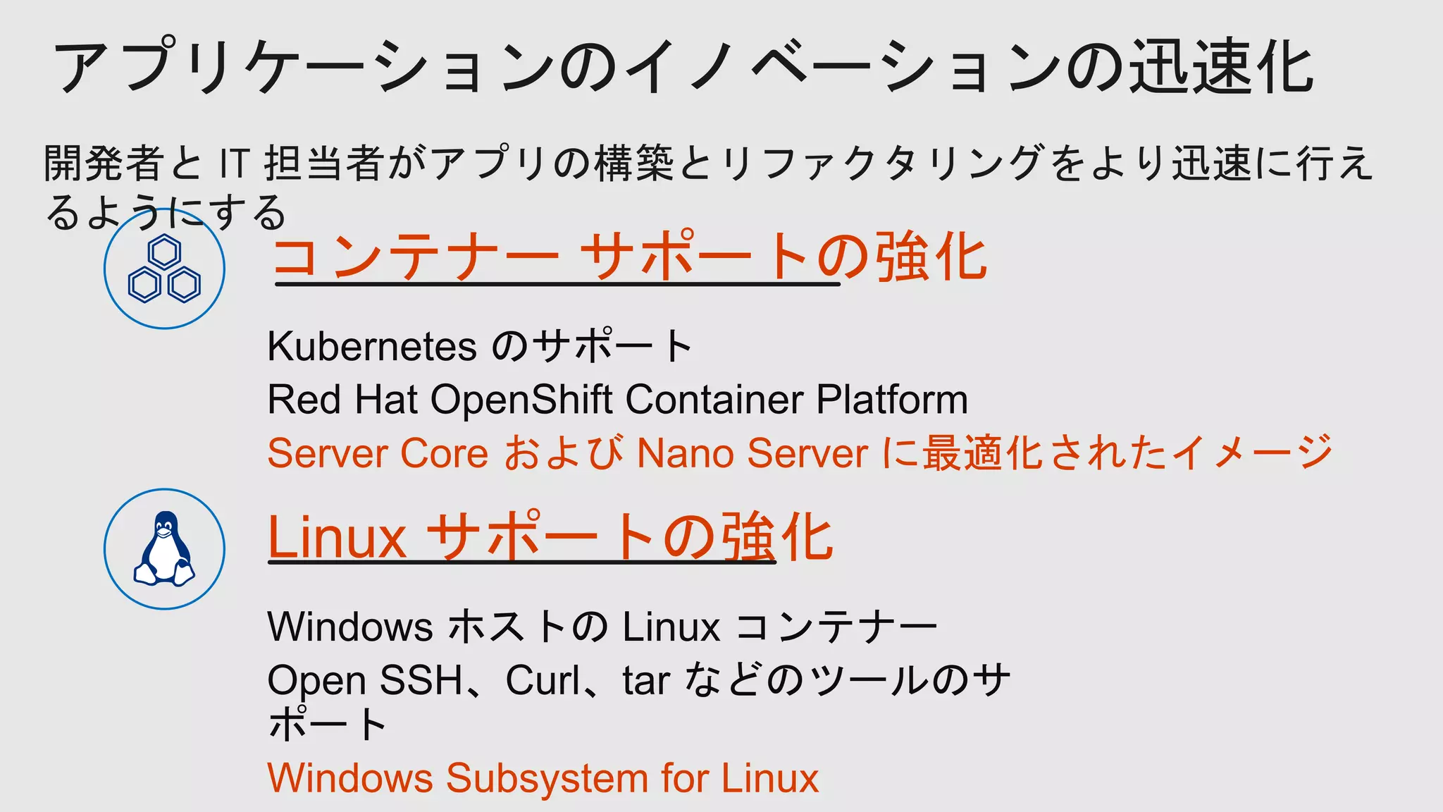 コンテナー サポートの強化
Server Core および Nano Server に最適化されたイメージ
Linux サポートの強化
Windows Subsystem for Linux
 