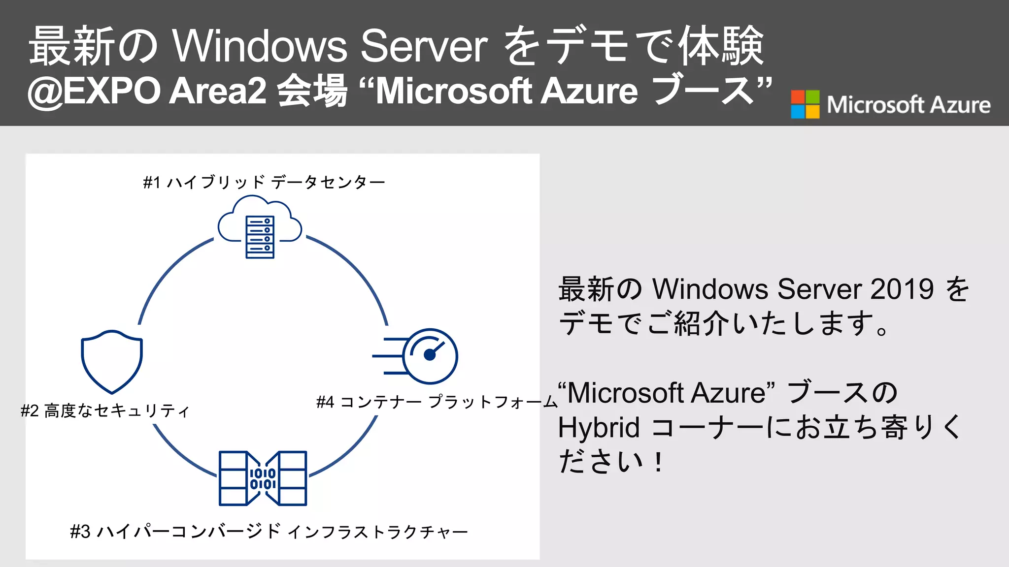 最新の Windows Server をデモで体験
@EXPO Area2 会場 “Microsoft Azure ブース”
#3 ハイパーコンバージド インフラストラクチャー
#1 ハイブリッド データセンター
#2 高度なセキュリティ
#4 コンテナー プラットフォーム
 