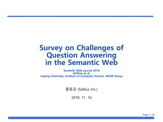 Page 1 / 20
Survey on Challenges of
Question Answering
in the Semantic Web
Semantic Web journal 2016
Höffner et al.
Leipzig University, Institute of Computer Science, AKSW Group
홍동균 (Saltlux Inc.)
2018. 11. 16
 