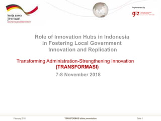 Seite 1
Implemented by
TRANSFORMASI slides presentationFebruary 2018
Role of Innovation Hubs in Indonesia
in Fostering Local Government
Innovation and Replication
7-8 November 2018
Transforming Administration-Strengthening Innovation
(TRANSFORMASI)
 