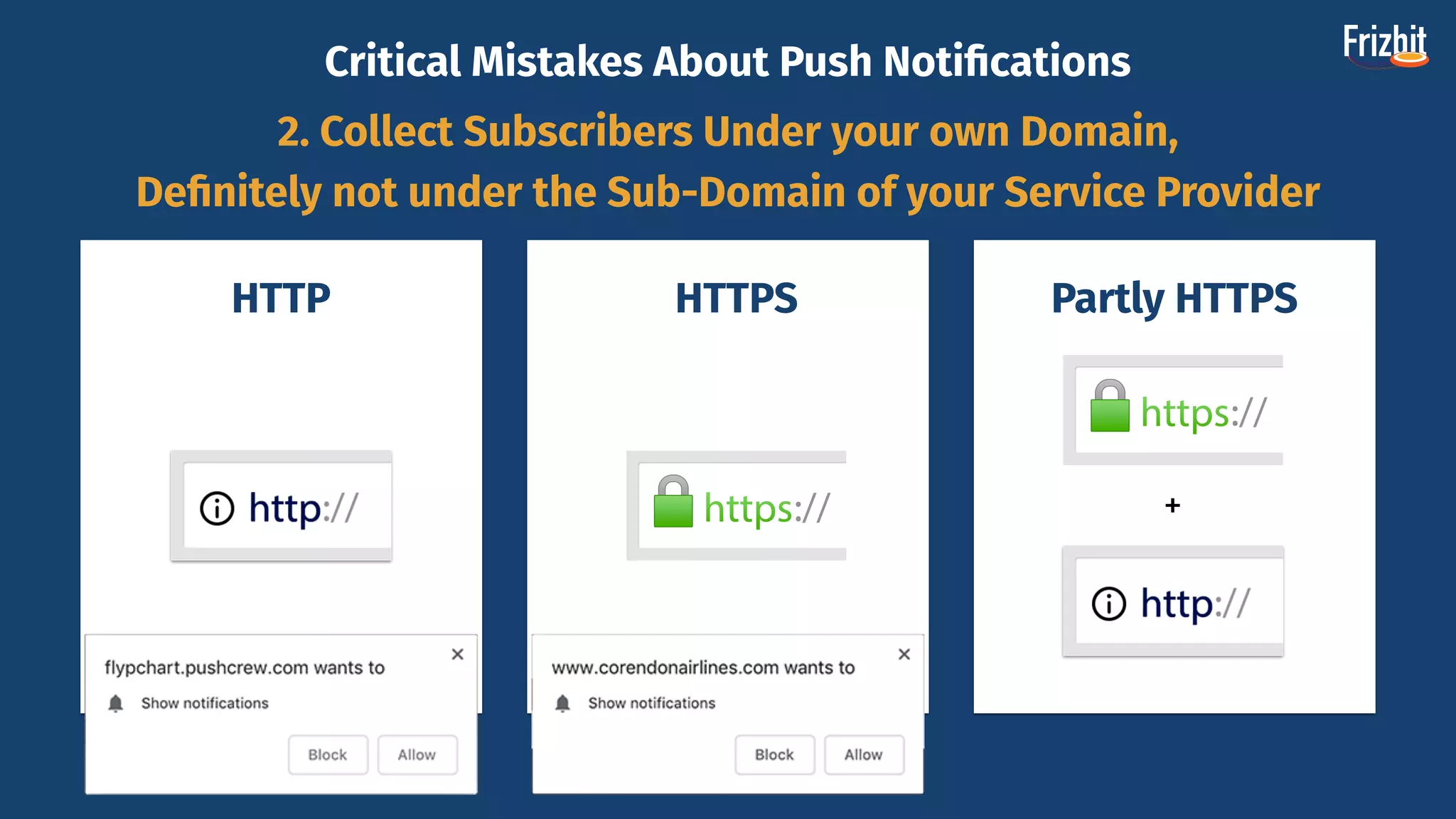 Critical Mistakes About Push Notiﬁcations
2. Collect Subscribers Under your own Domain,
Deﬁnitely not under the Sub-Domain of your Service Provider
HTTP HTTPS Partly HTTPS
+
 