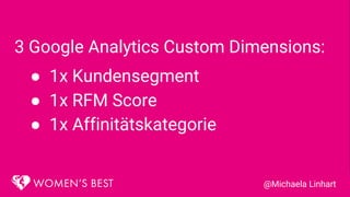 3 Google Analytics Custom Dimensions:
● 1x Kundensegment
● 1x RFM Score
● 1x Affinitätskategorie
@Michaela Linhart
 