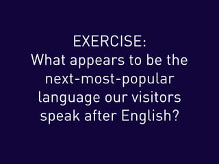 EXERCISE:
What appears to be the
next-most-popular
language our visitors
speak after English?
 