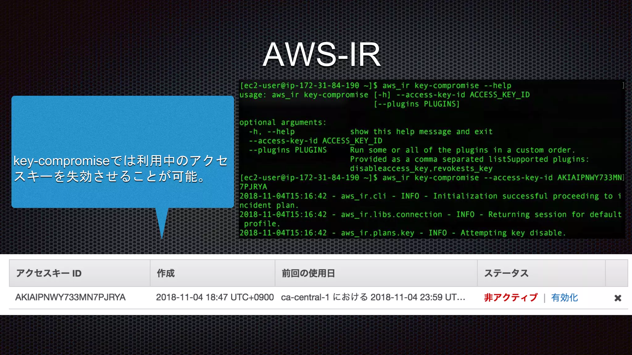 key-compromiseでは利用中のアクセ
スキーを失効させることが可能。
AWS-IR
 