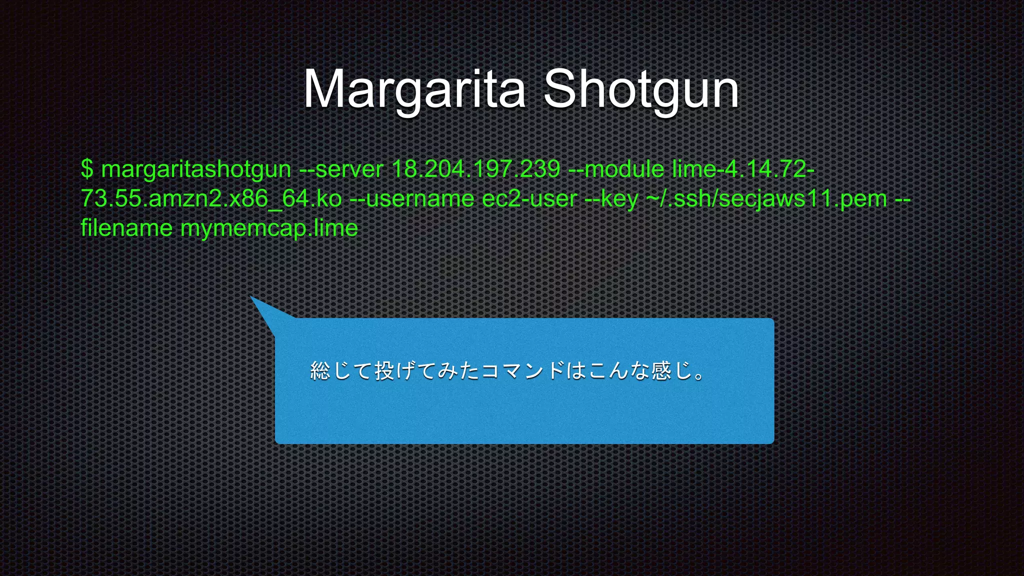 $ margaritashotgun --server 18.204.197.239 --module lime-4.14.72-
73.55.amzn2.x86_64.ko --username ec2-user --key ~/.ssh/secjaws11.pem --
filename mymemcap.lime
Margarita Shotgun
総じて投げてみたコマンドはこんな感じ。
 