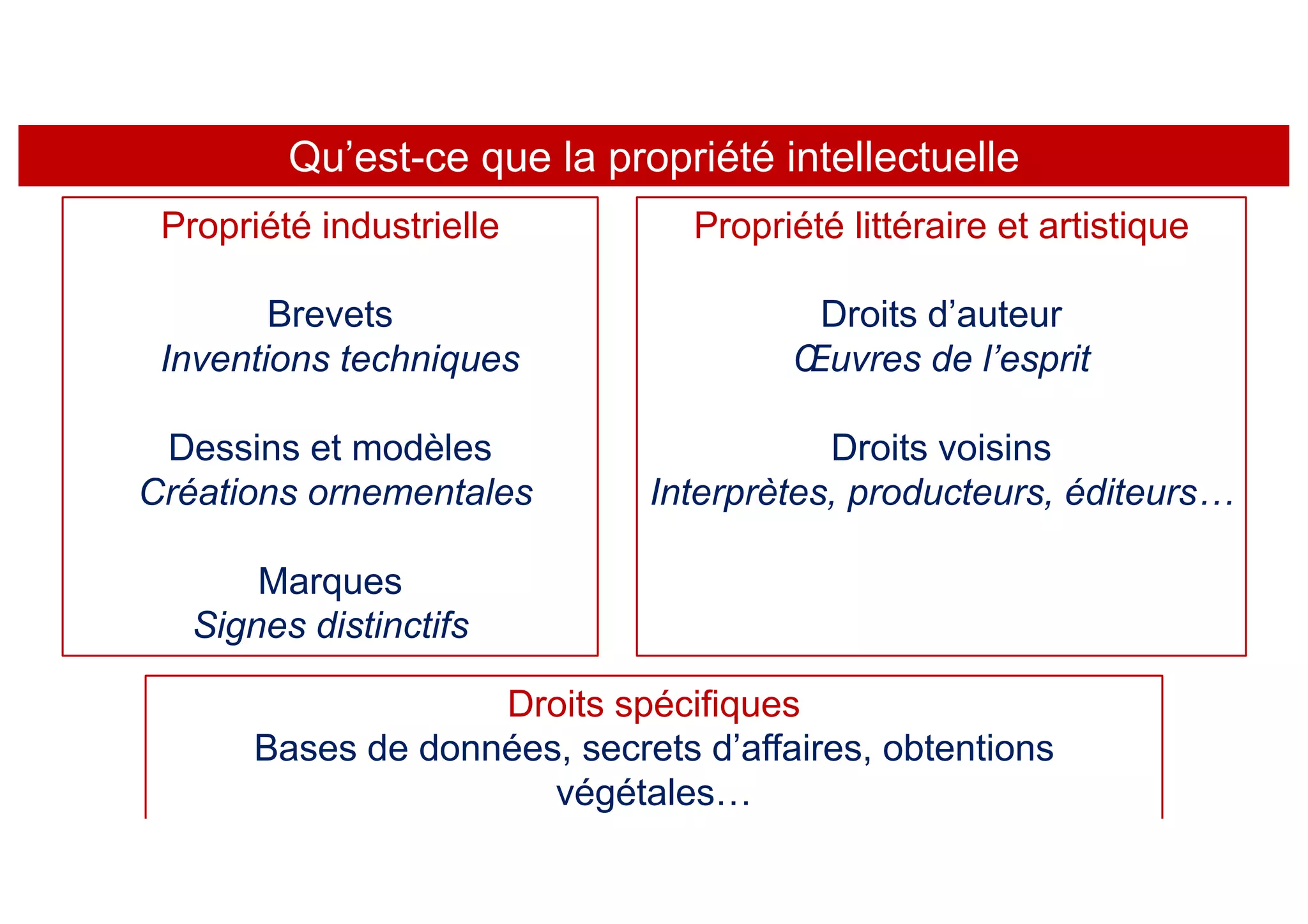 Qu’est-ce que la propriété intellectuelle
Propriété industrielle
Brevets
Inventions techniques
Dessins et modèles
Créations ornementales
Marques
Signes distinctifs
Propriété littéraire et artistique
Droits d’auteur
Œuvres de l’esprit
Droits voisins
Interprètes, producteurs, éditeurs…
Droits spécifiques
Bases de données, secrets d’affaires, obtentions
végétales…
 
