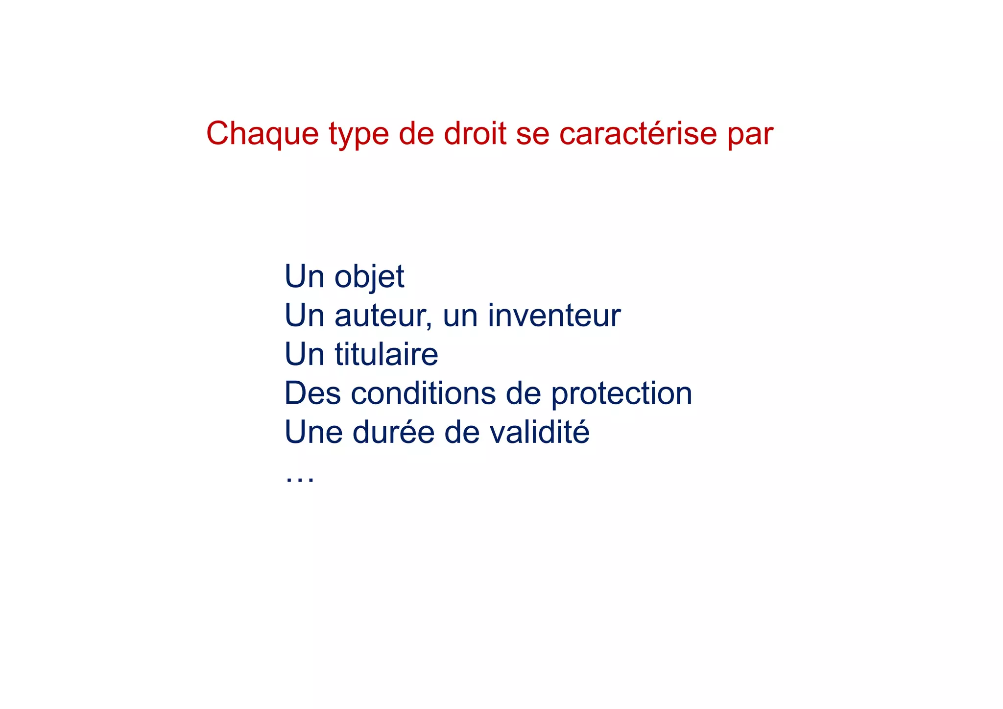 Chaque type de droit se caractérise par
Un objet
Un auteur, un inventeur
Un titulaire
Des conditions de protection
Une durée de validité
…
 
